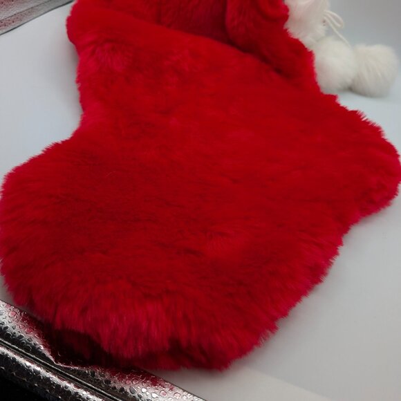 Large Red Faux Fur Christmas Stocking with White Trim and Pom Poms - Picture 7 of 10